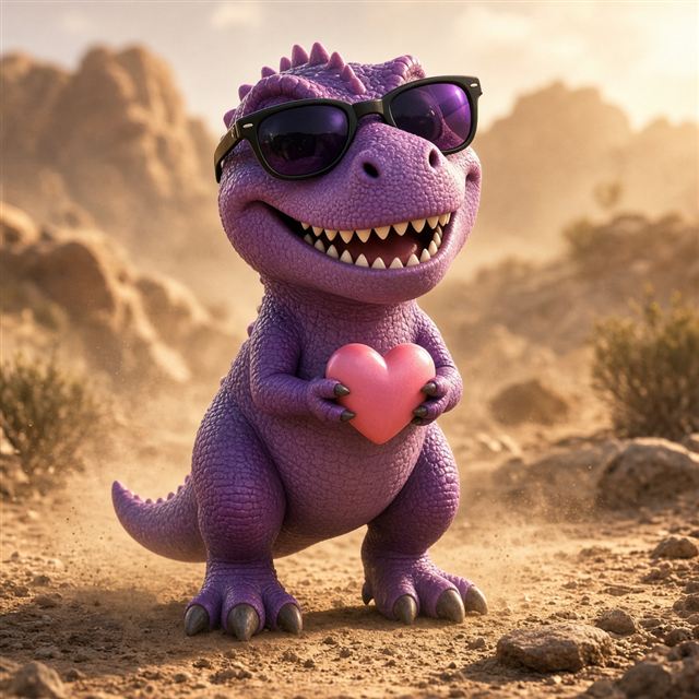 A cool purple dinosaur with sunglasses holding a heart