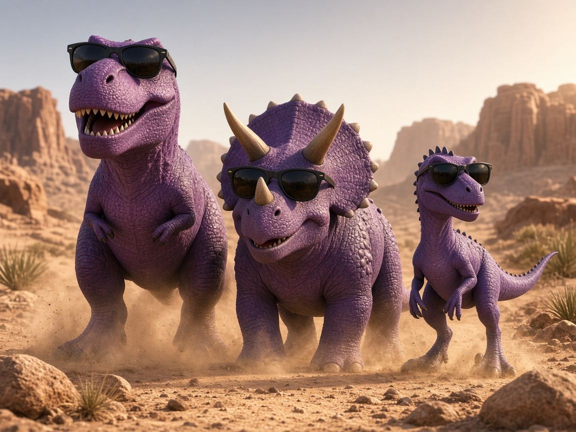Three cool purple dinosaurs with sunglasses in the desert
